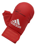 Red boxing glove with white text, size S, adidas WKF approved mitt.