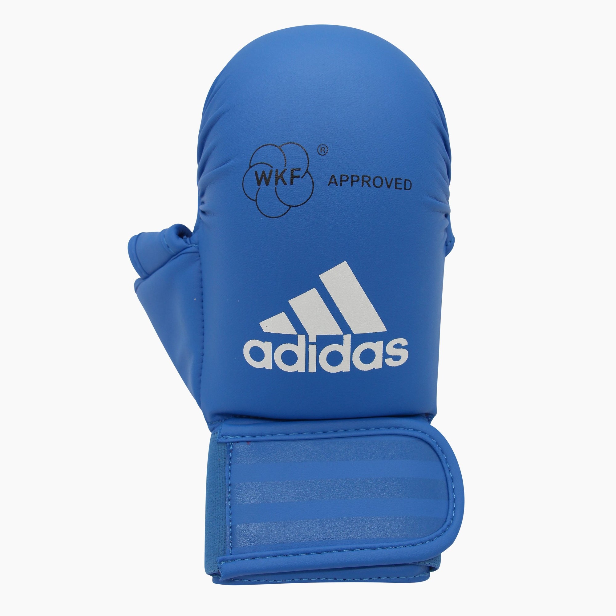 Blue boxing glove with white text, detailed view.