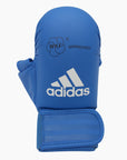 Blue boxing glove with white text, detailed view.