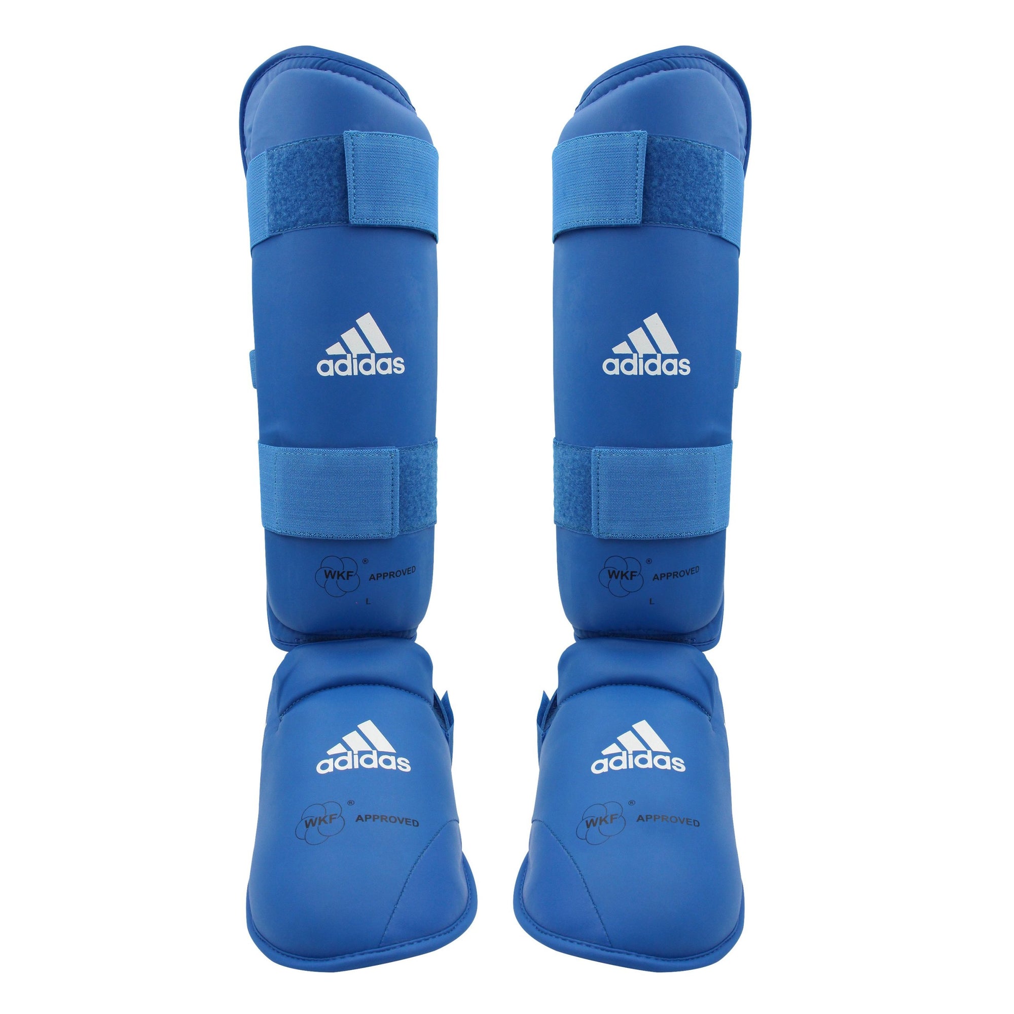 Pair of blue adidas karate shin guards with removable instep.