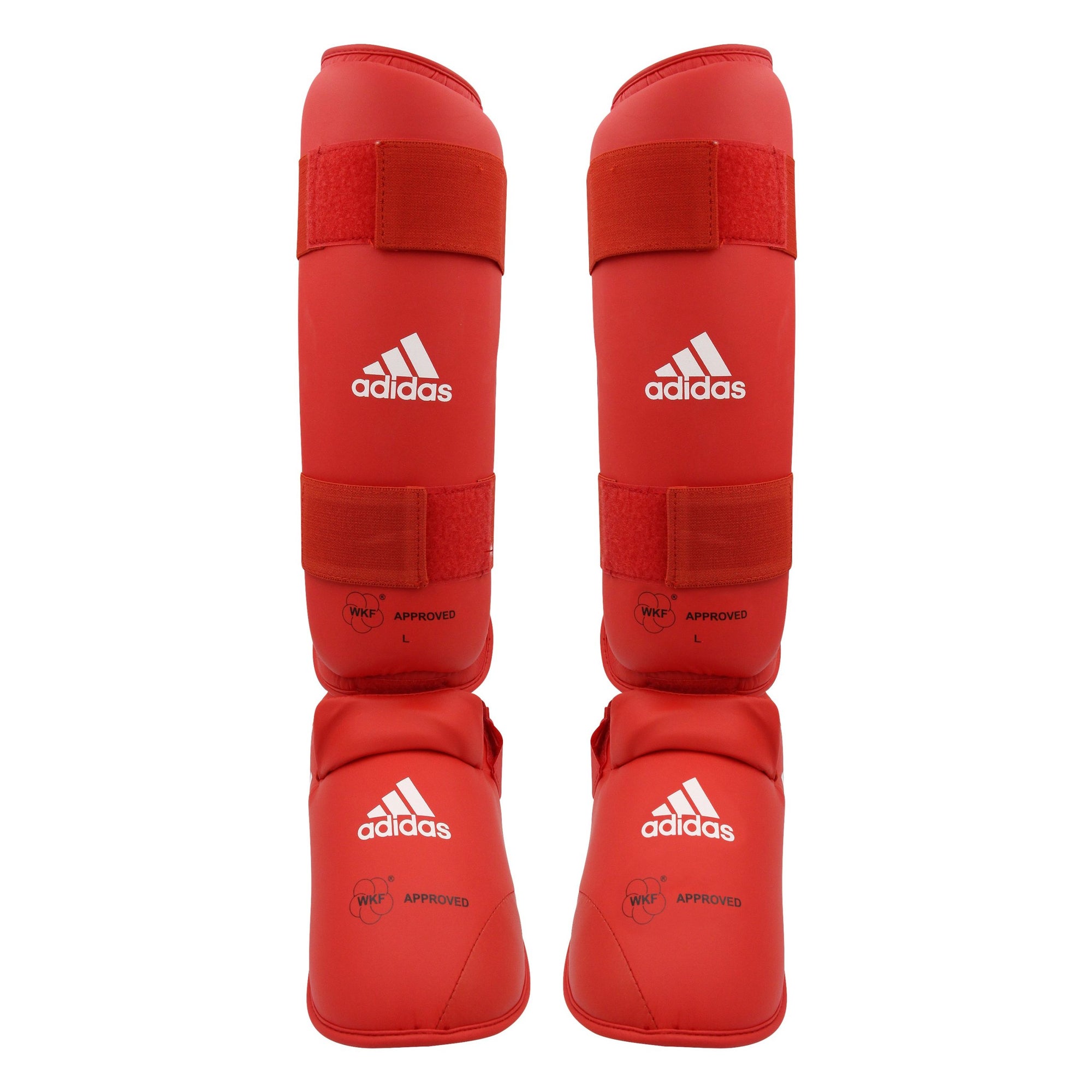 Red shin guards for karate with WKF approval.