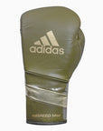 Boxing glove featuring a logo.