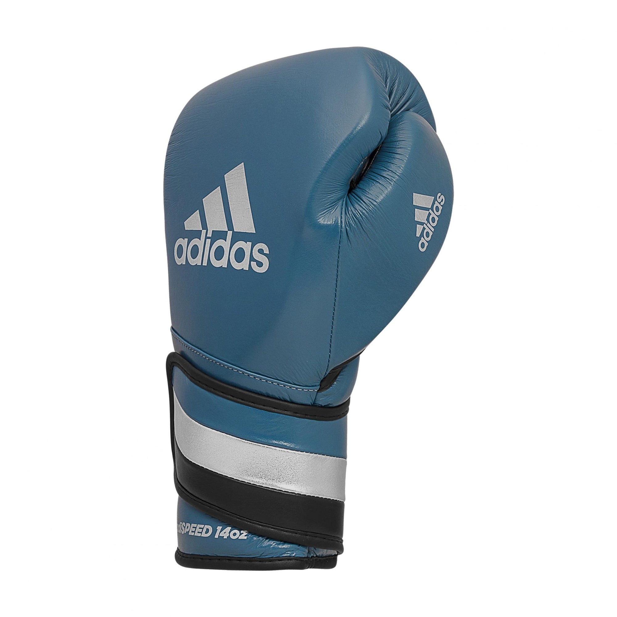 Blue boxing glove with white stripes, 12 oz size.