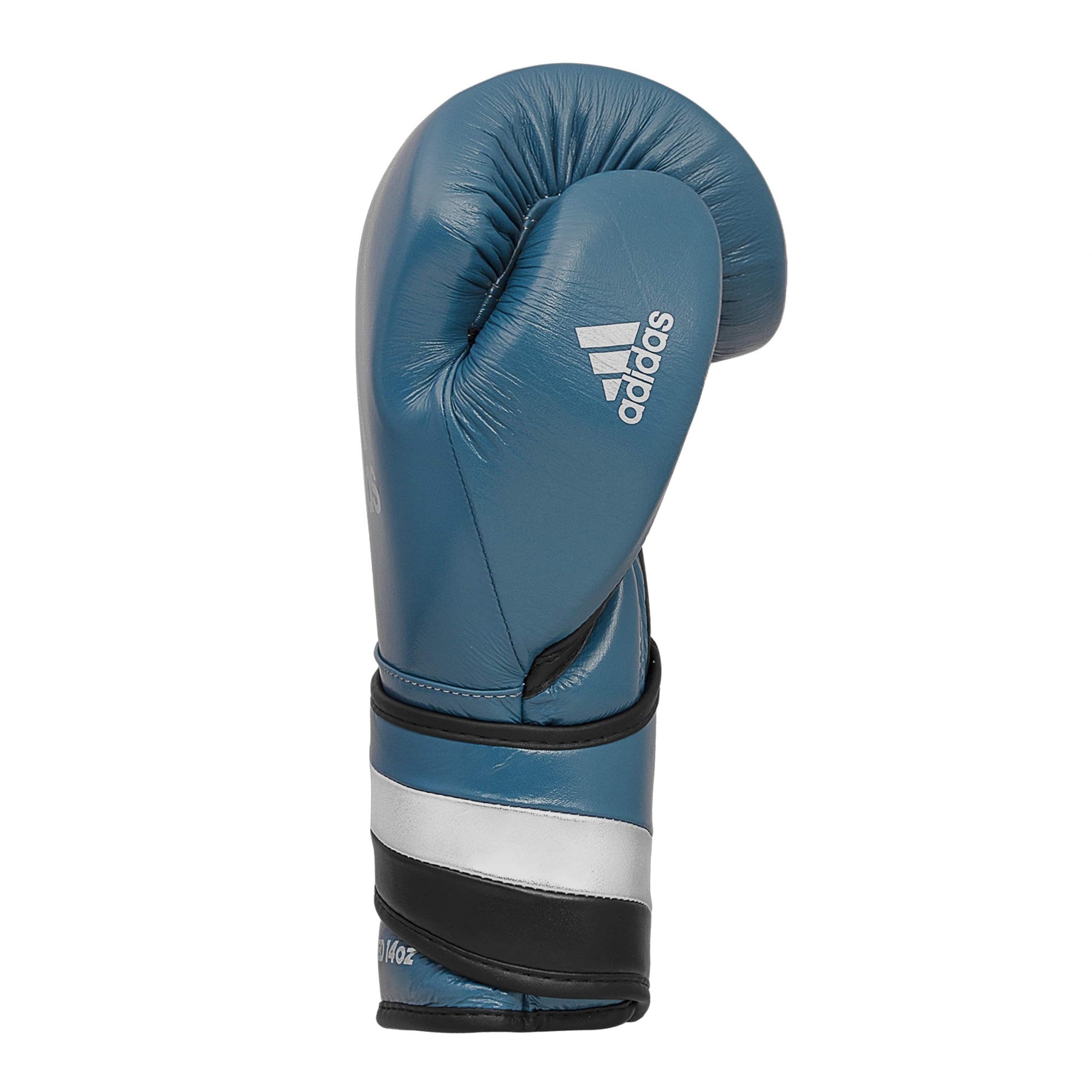 Blue boxing glove with white stripes, 16 oz size.