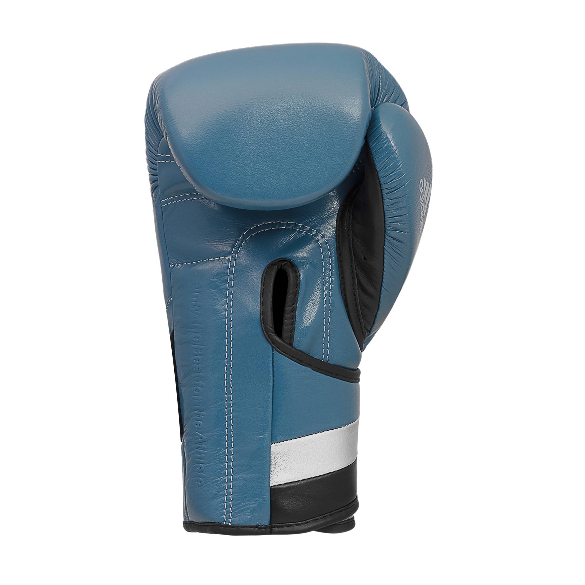 Blue boxing glove on white background, 14 oz size.