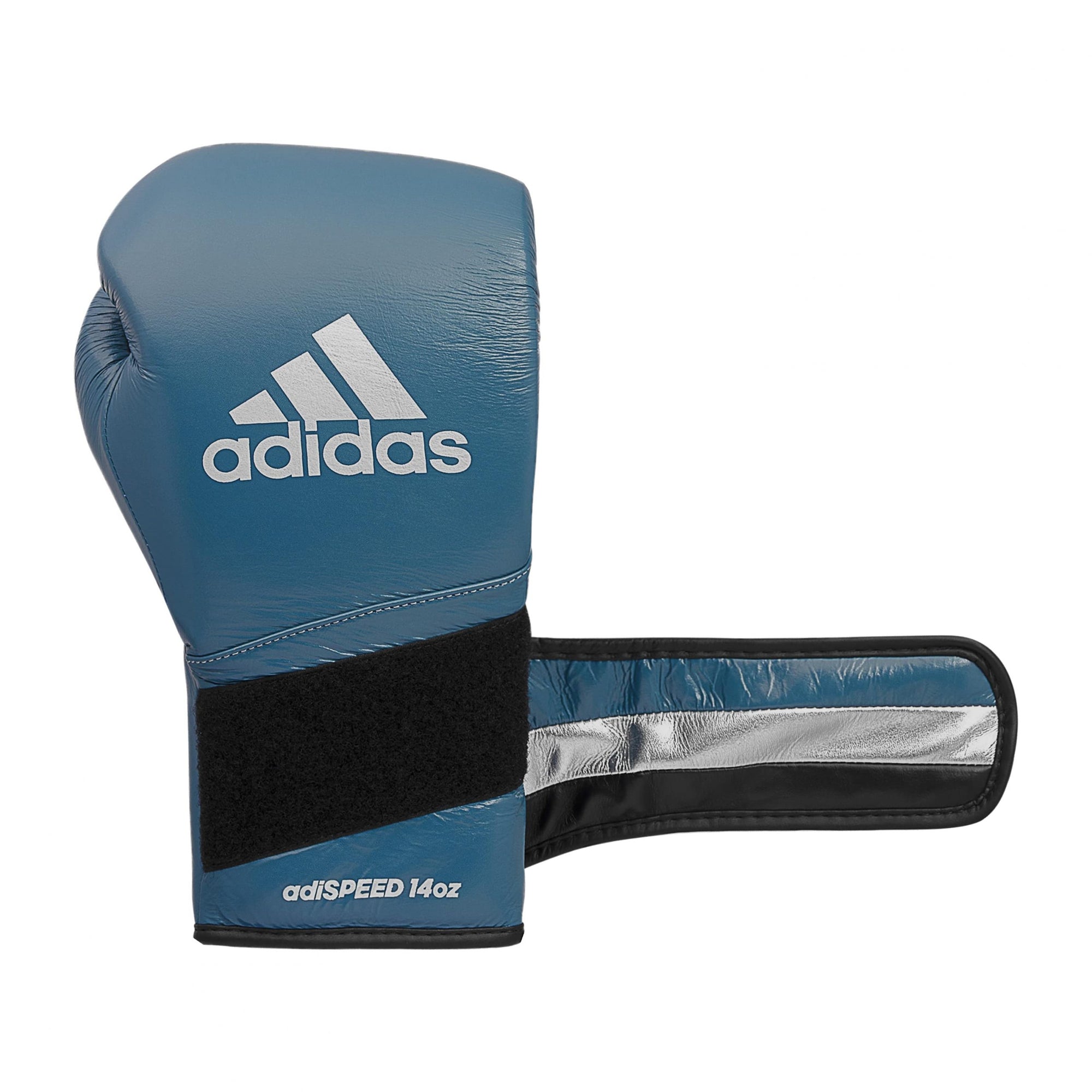 Blue boxing glove with black strap, 12 oz size.