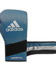 Blue boxing glove with black strap, 12 oz size.