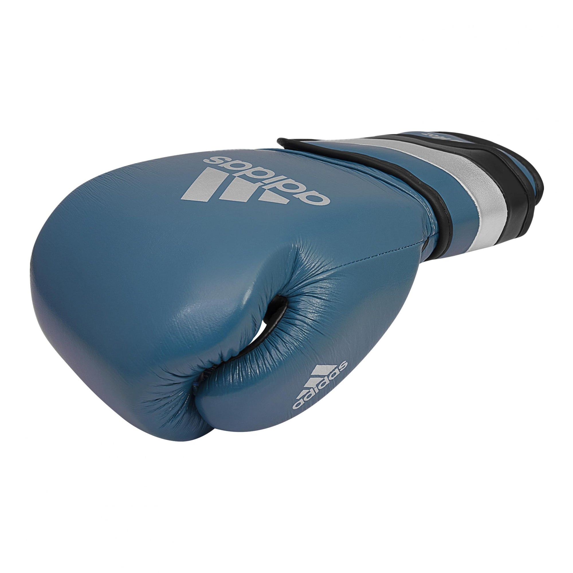 Blue boxing glove with white stripes, 14 oz size.