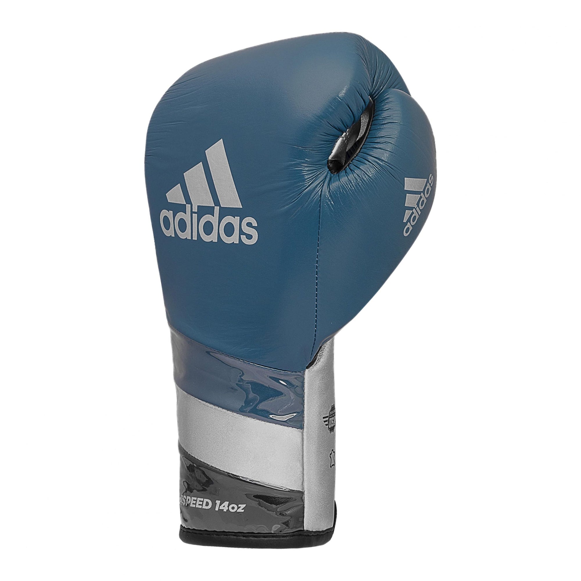 Blue boxing glove with silver trim.