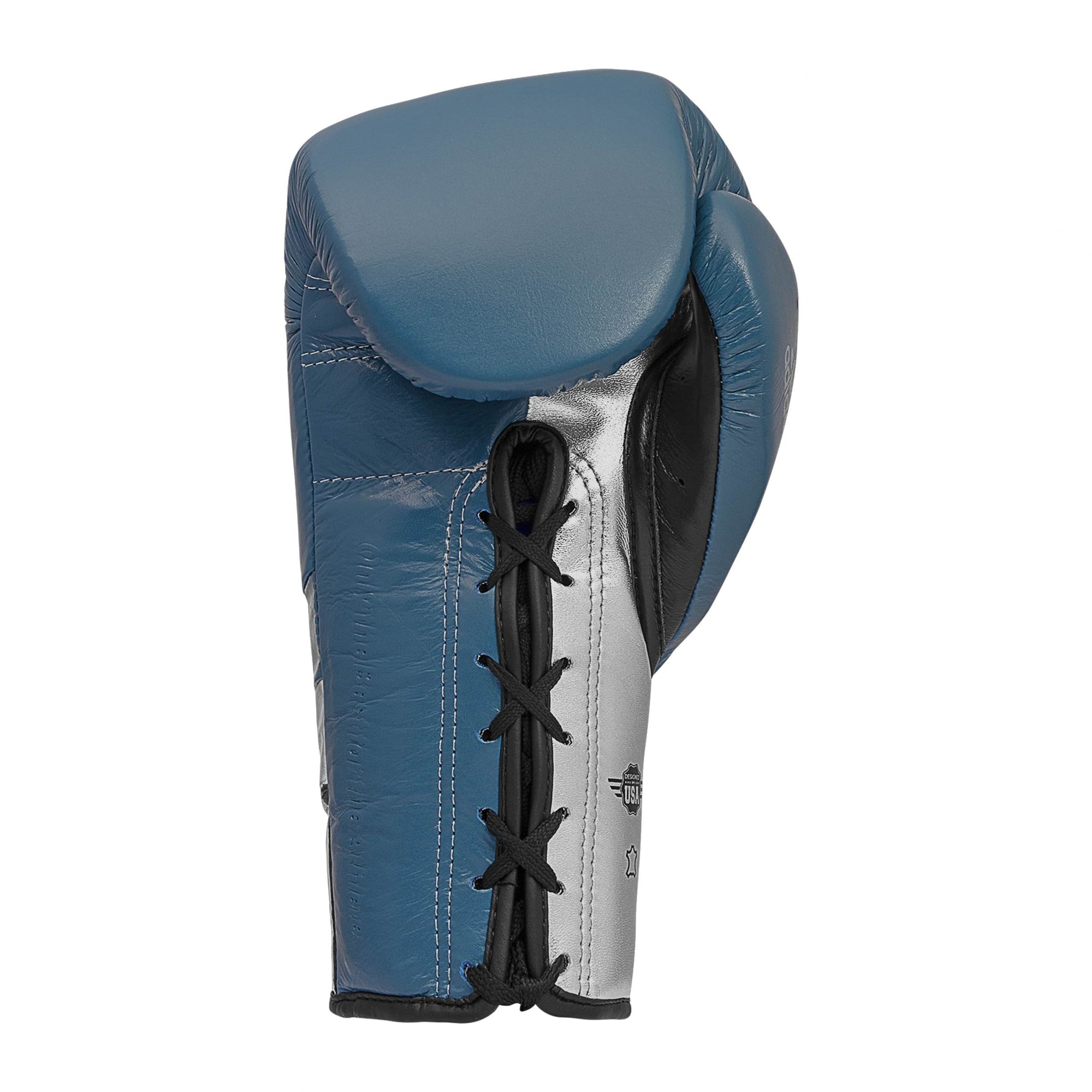 Blue boxing glove with black laces.