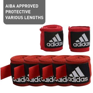 Group of red and black bandages for boxing protection.