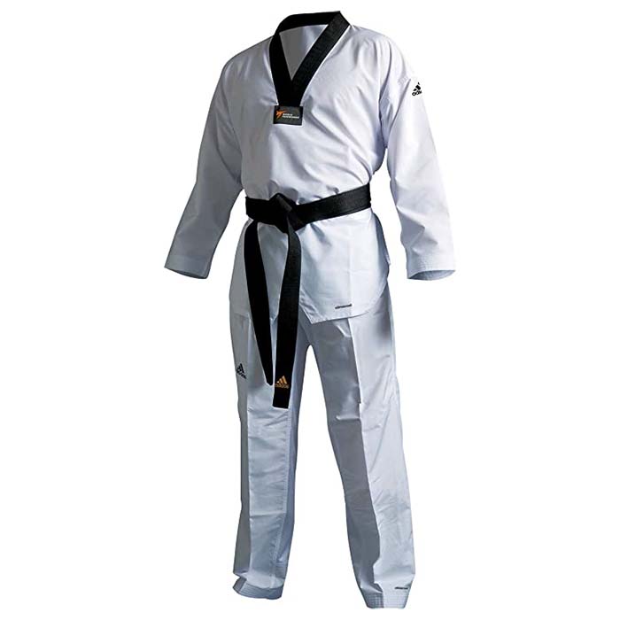 White karate uniform with black belt, Adidas Eco Fighter.