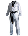 White karate uniform with black belt, Adidas Eco Fighter.