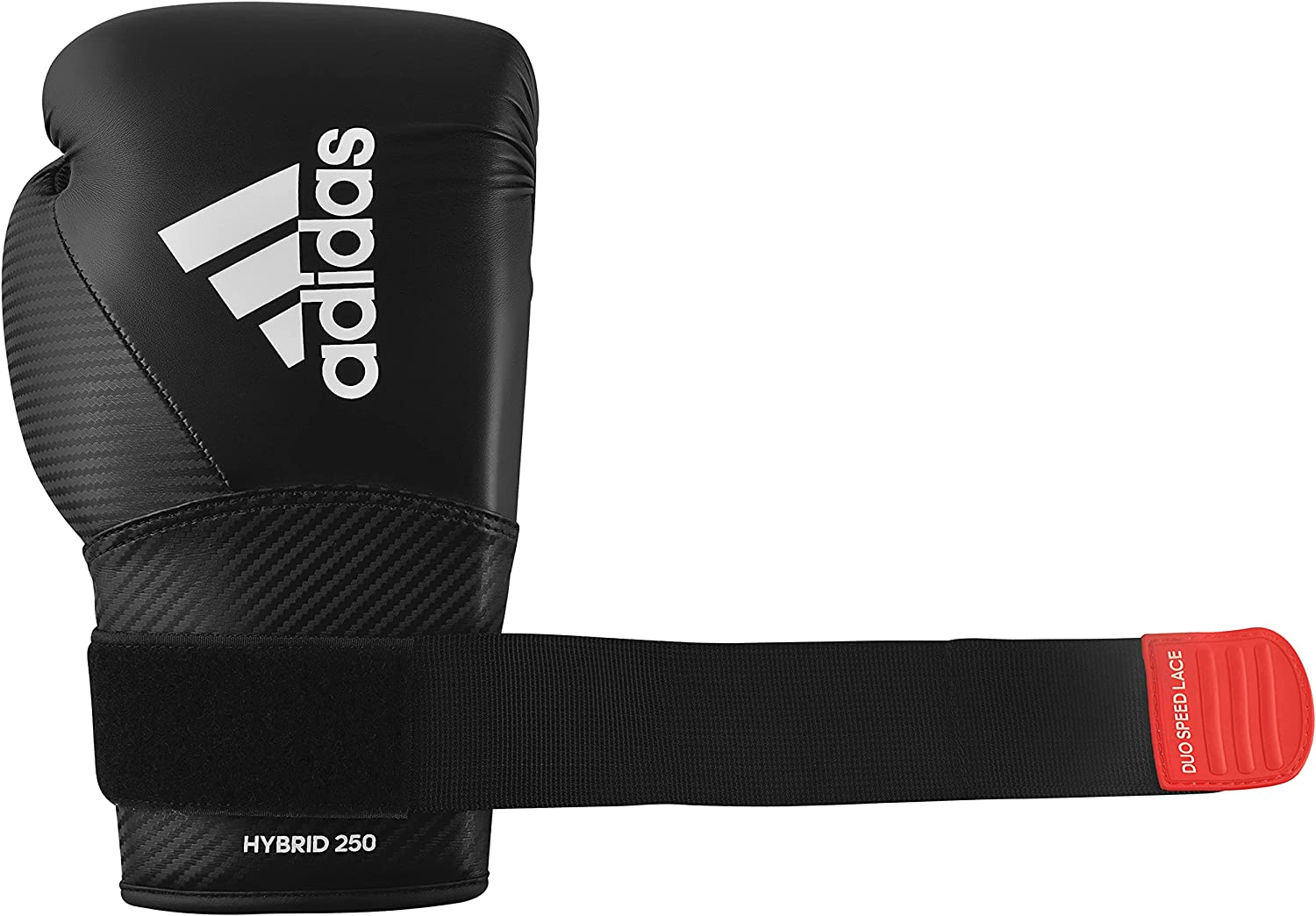 Black boxing glove with a white Adidas logo on the wrist.