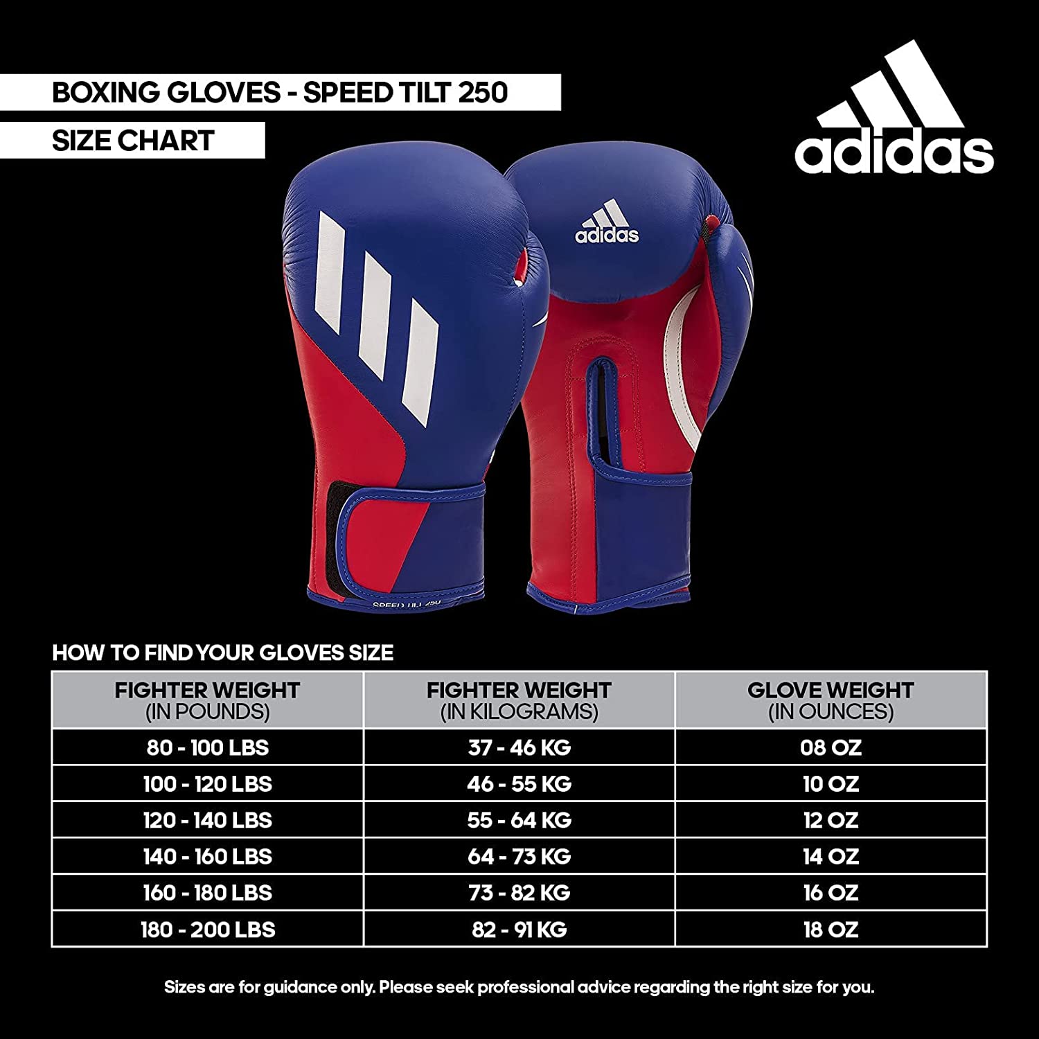 Pair of adidas boxing gloves with a size chart included.