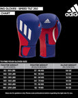 Pair of adidas boxing gloves with a size chart included.