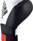 Black and white boxing glove for training and fitness.