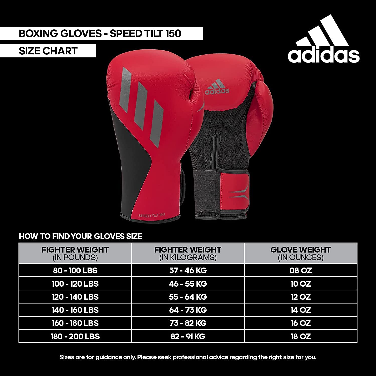 Pair of adidas Speed Tilt 150 gloves with size chart.