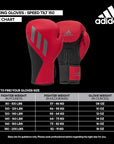 Pair of adidas Speed Tilt 150 gloves with size chart.