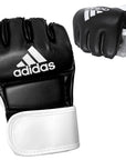 Black and white adidas grappling training gloves.