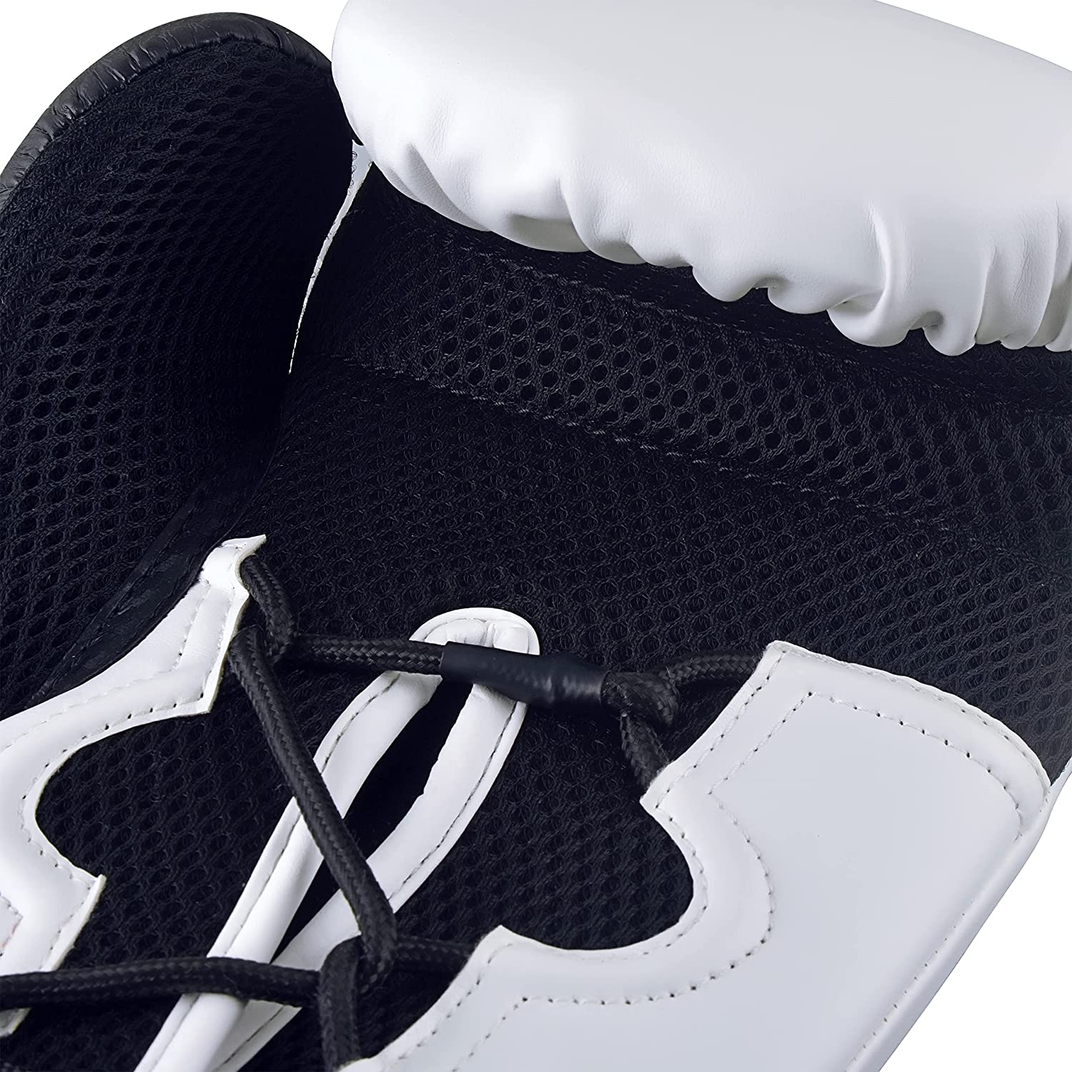 Black and white boxing glove for training purposes.