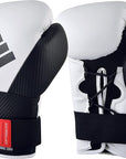 Pair of white and black boxing gloves, 16 oz size.