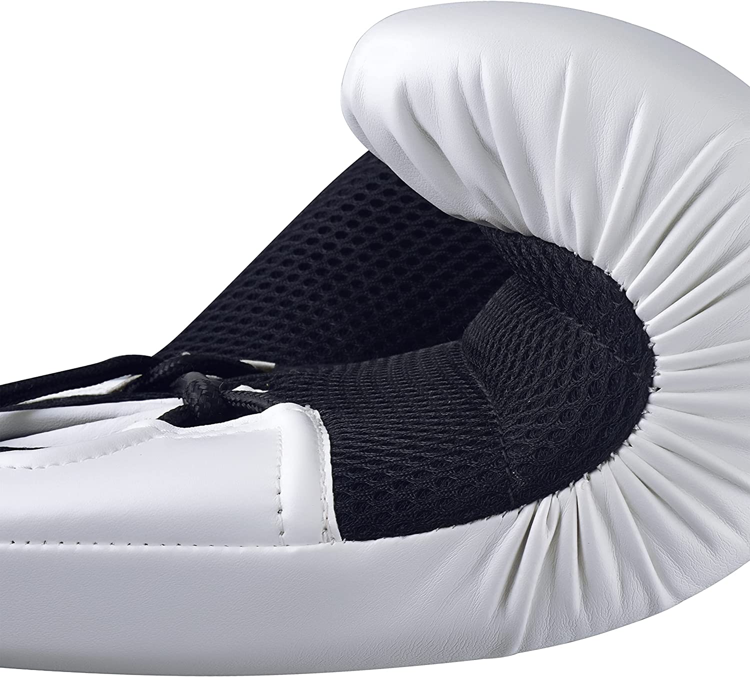 White boxing glove with black mesh detail for training.