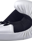 White boxing glove with black mesh detail for training.