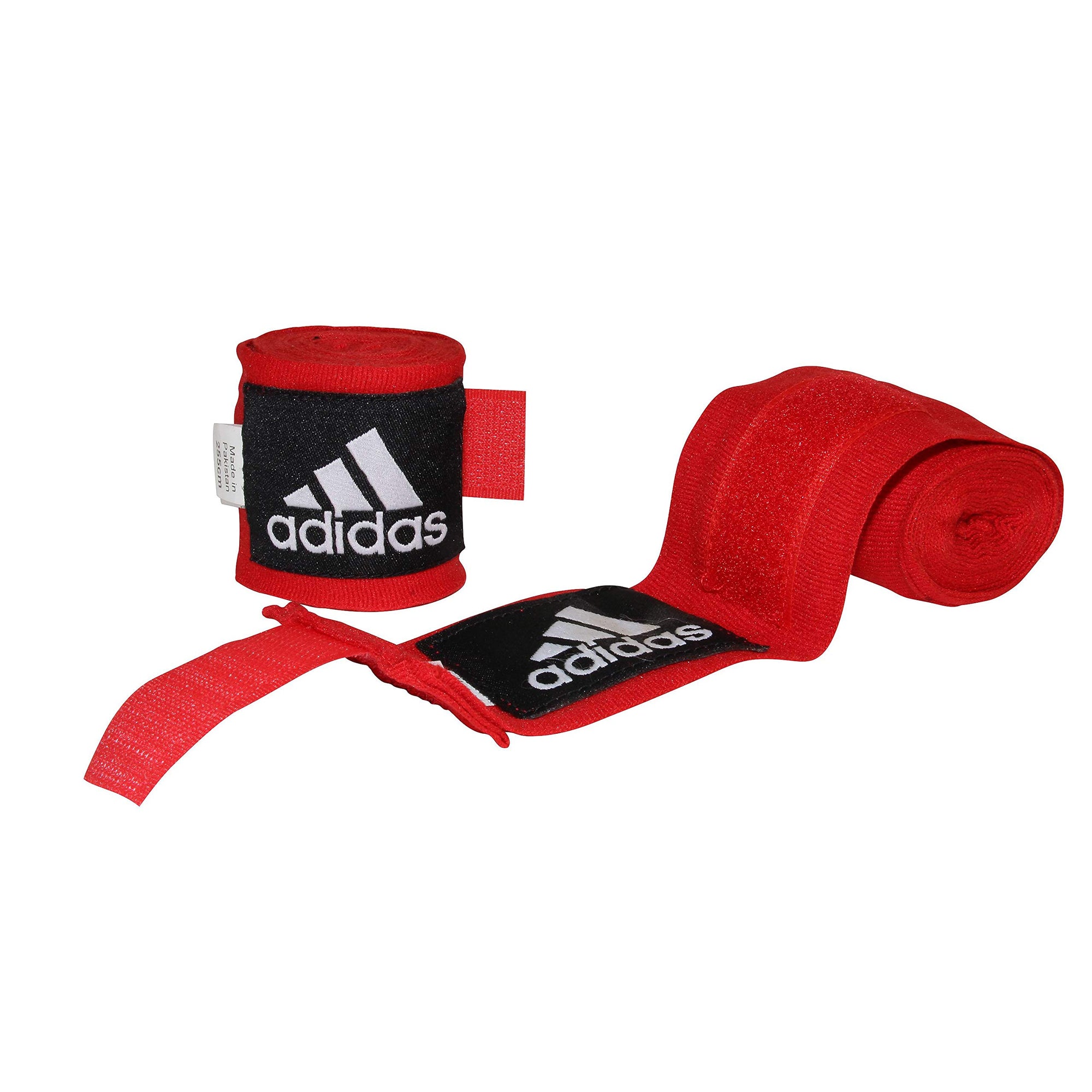 Red and black bandages for boxing hand protection.