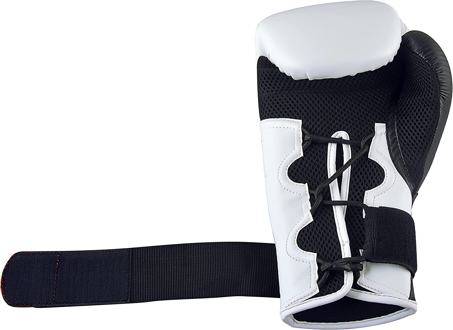 Black and white boxing glove used in fitness training.