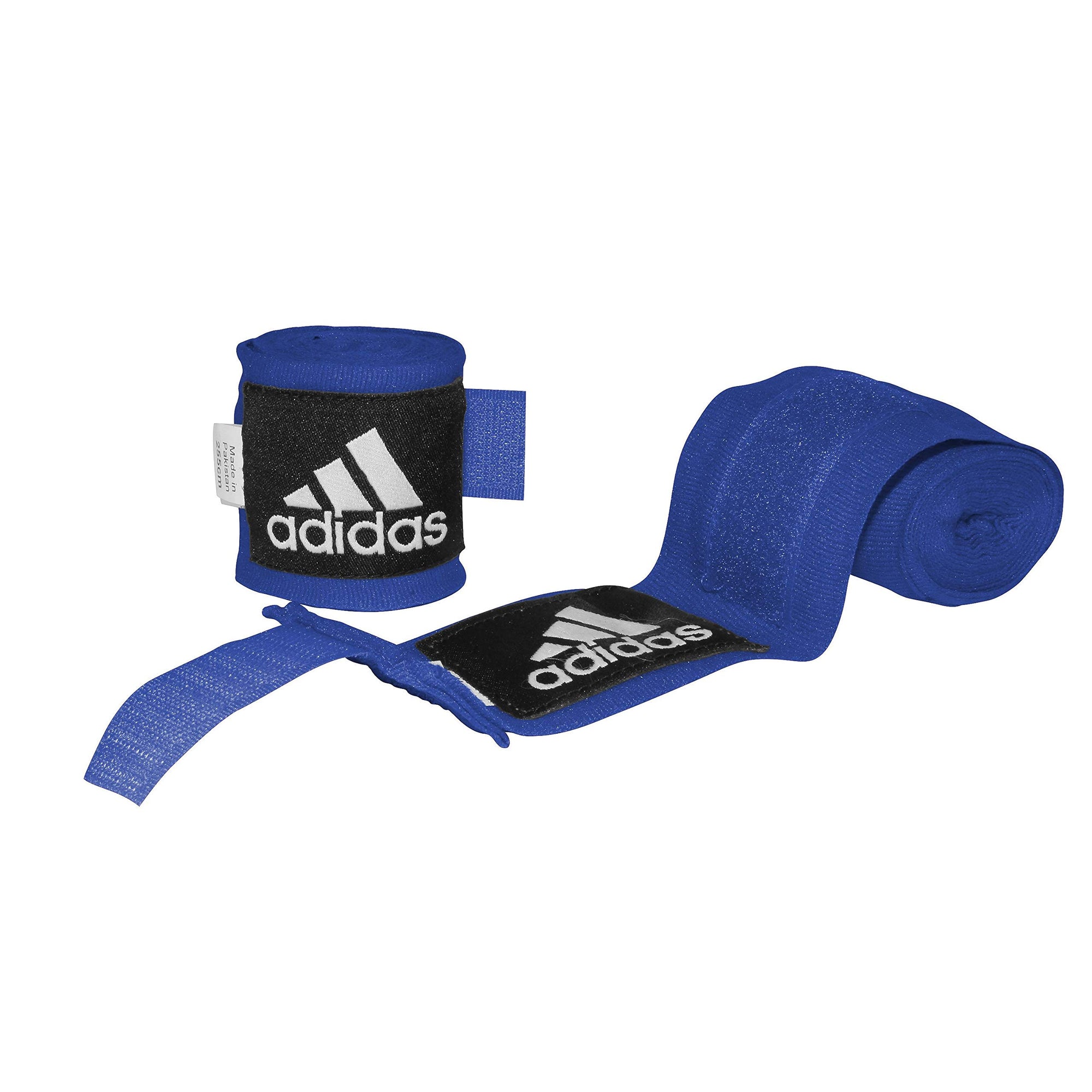 Blue and black bandages for boxing hand protection.