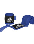 Blue and black bandages for boxing hand protection.