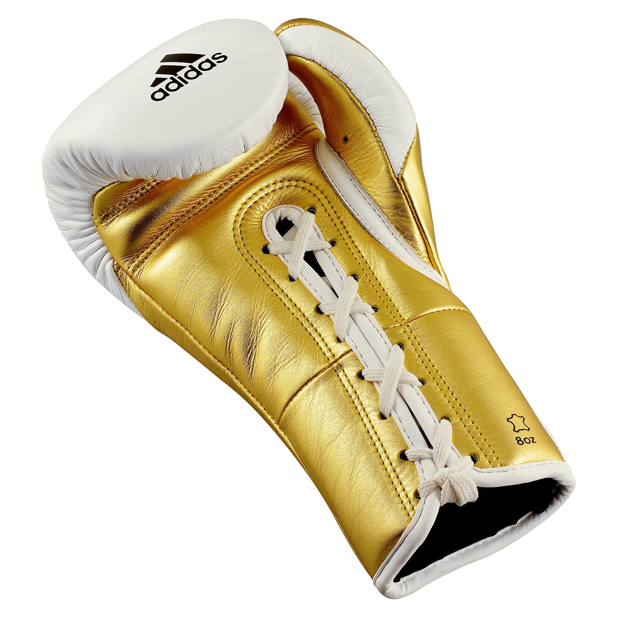 Gold adidas boxing glove with white laces.