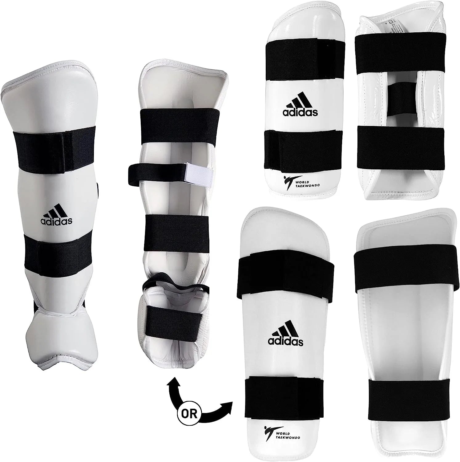 White and black shin guards for taekwondo sparring.