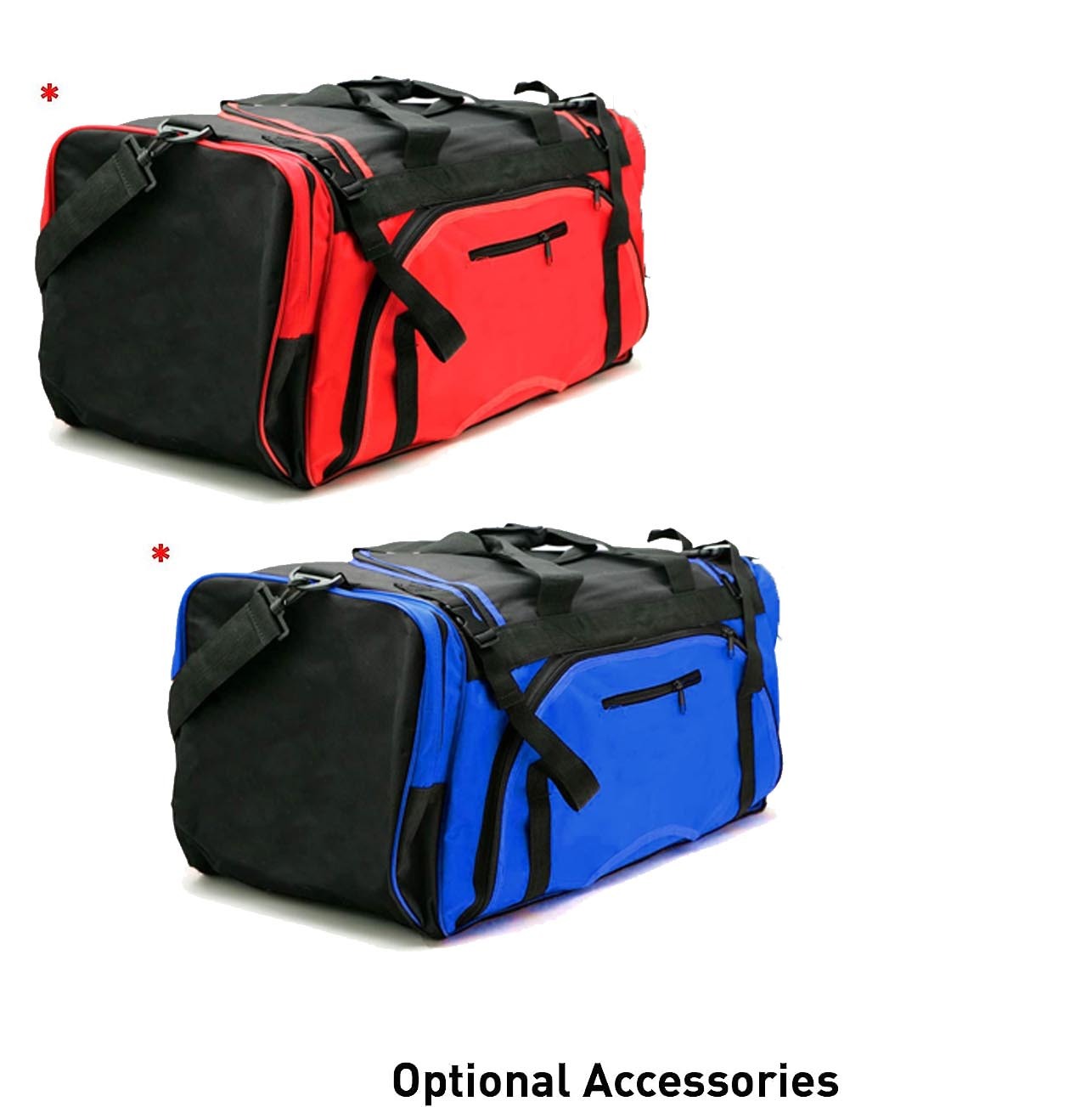 Red and blue duffel bags for taekwondo gear.