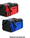 Red and blue duffel bags for taekwondo gear.