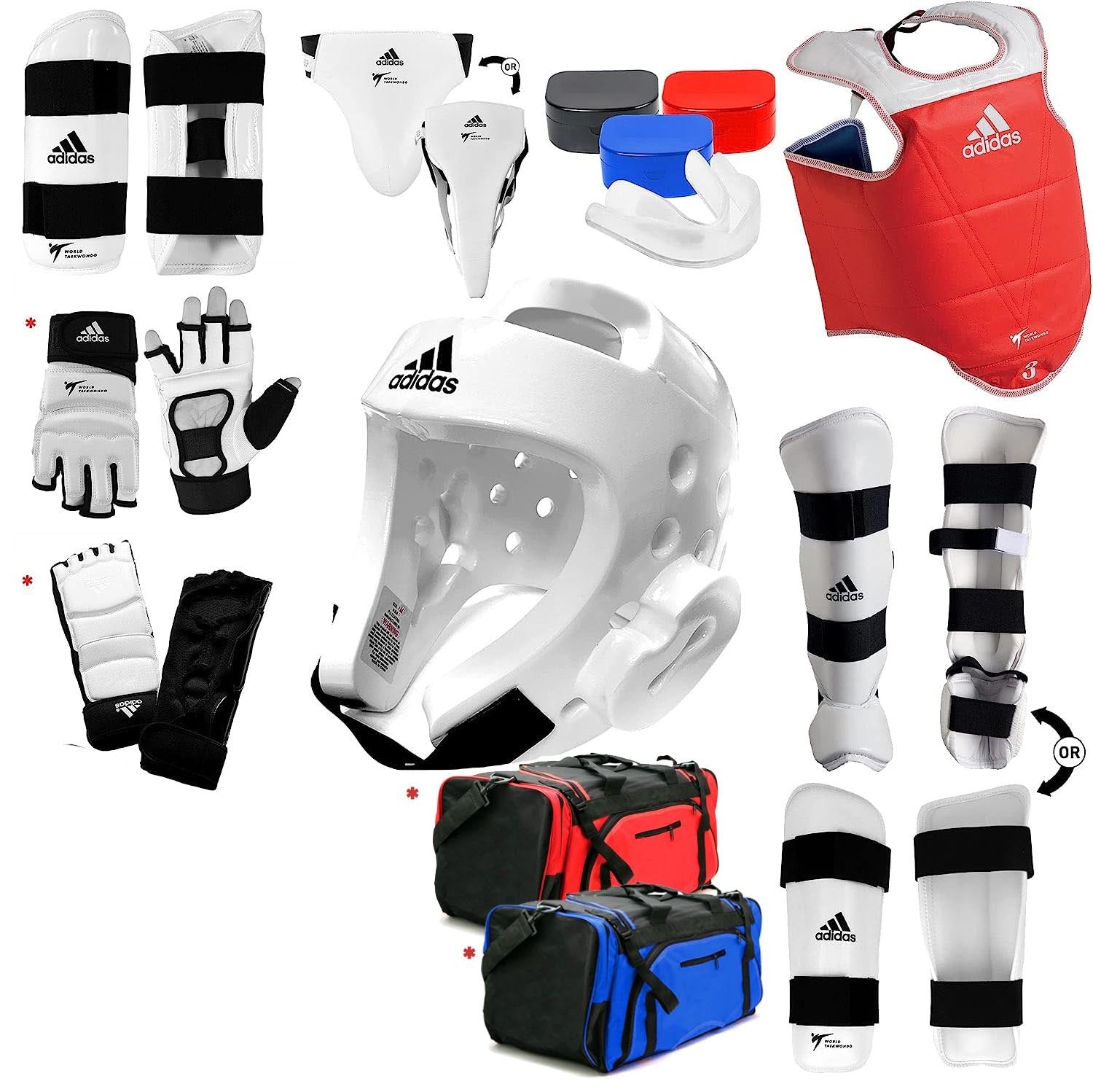 Collage of Adidas taekwondo sparring gear set.