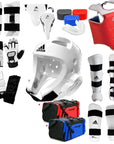 Collage of Adidas taekwondo sparring gear set.