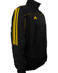 Black jacket with yellow stripes.