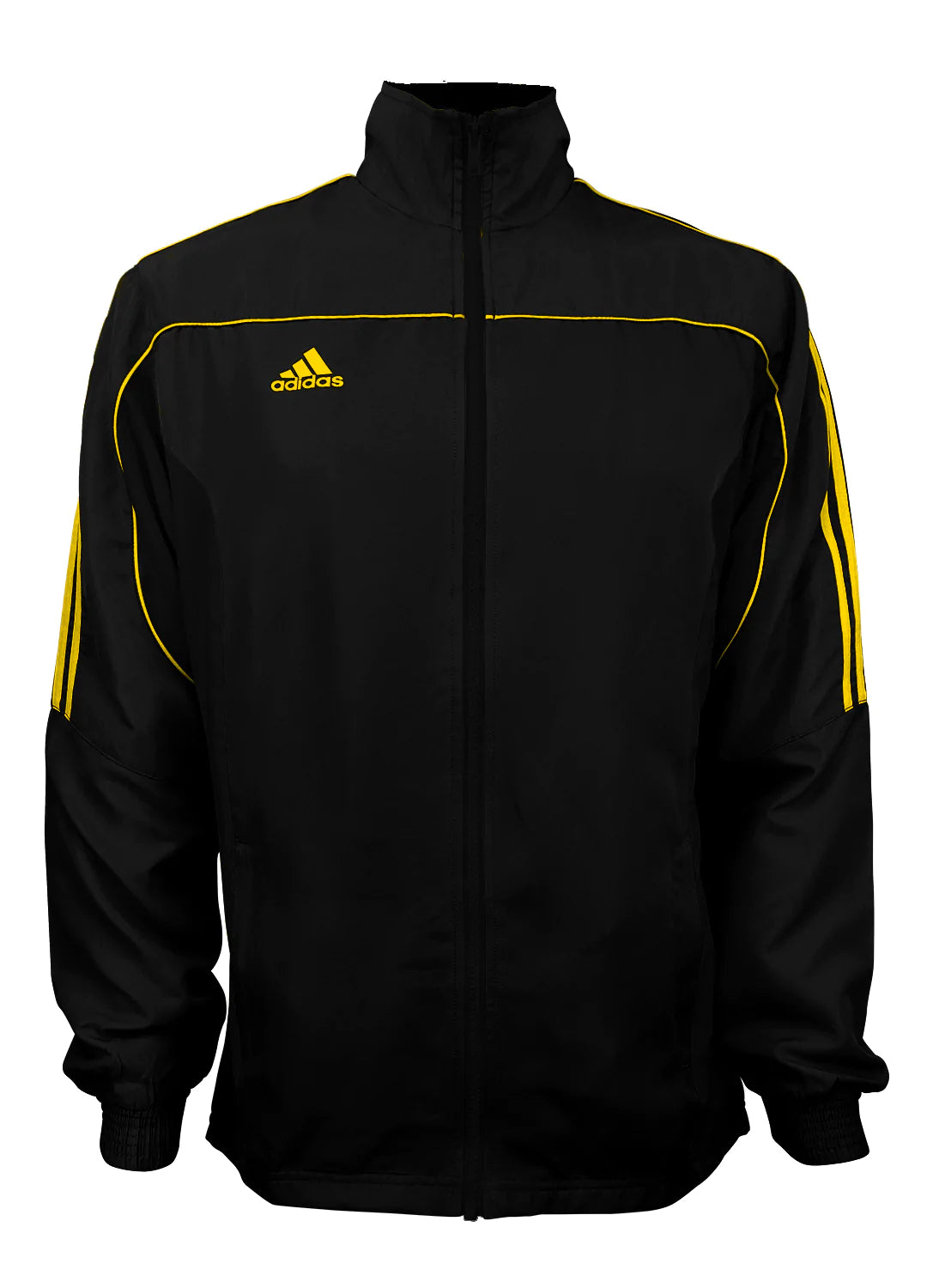 Black jacket with yellow stripes.