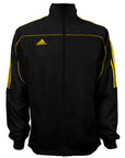 Black jacket with yellow stripes.