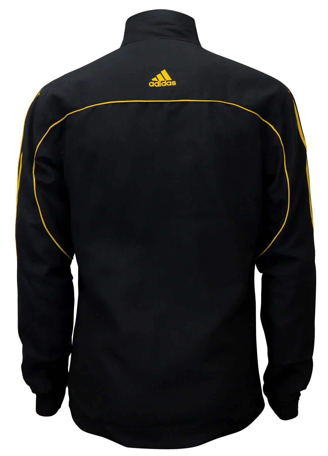 Black jacket with yellow stripes.