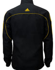 Black jacket with yellow stripes.