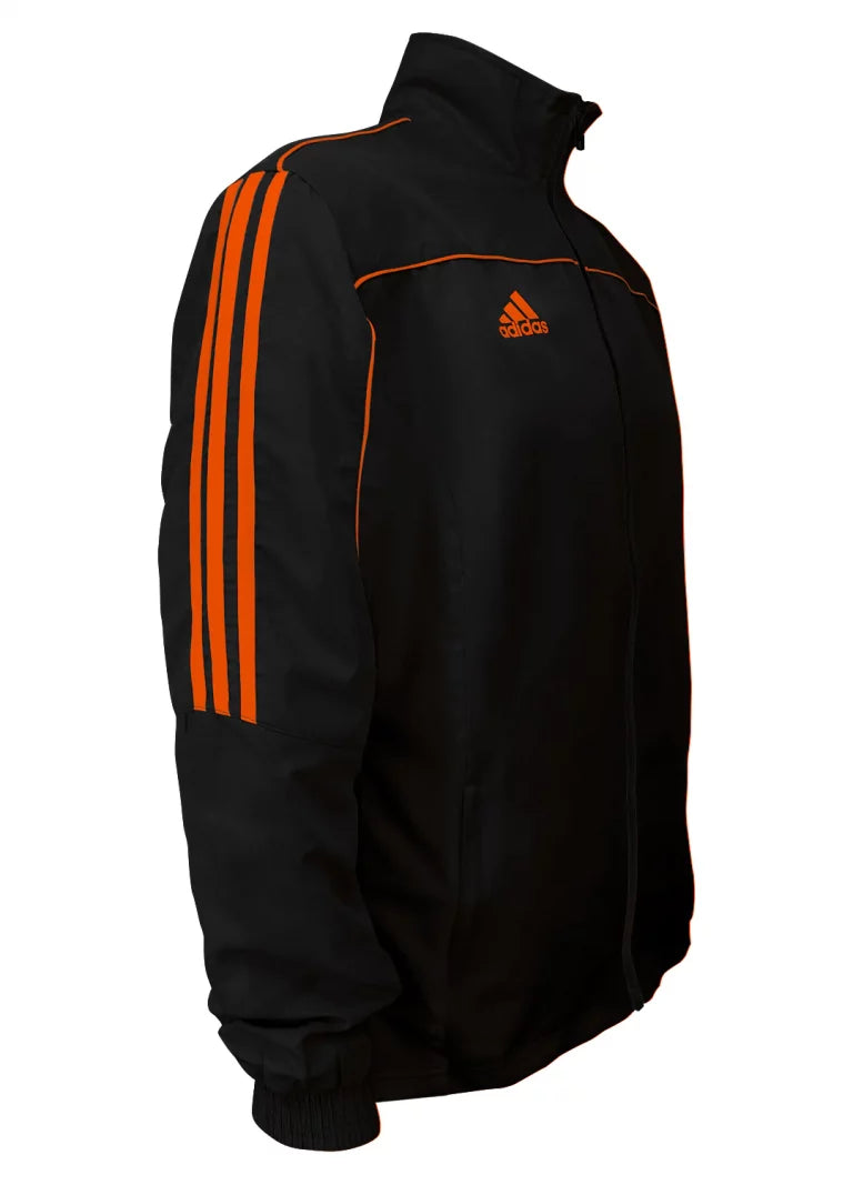 Black jacket with orange stripes.