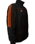 Black jacket with orange stripes.