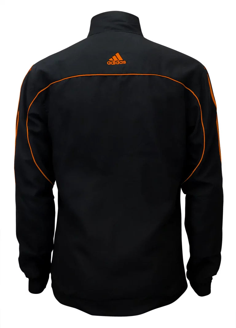 Black jacket with orange stripes.