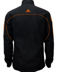 Black jacket with orange stripes.