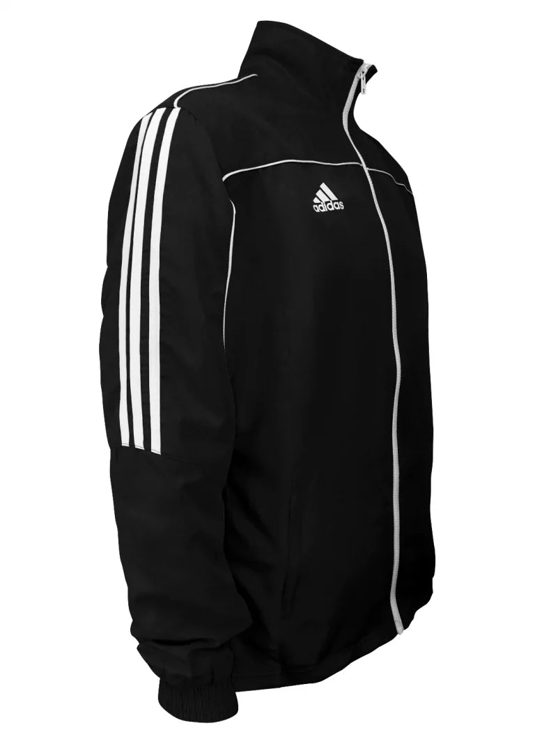 Black jacket with white stripes, adidas design, 100% polyester tracksuit.