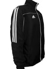 Black jacket with white stripes, adidas design, 100% polyester tracksuit.