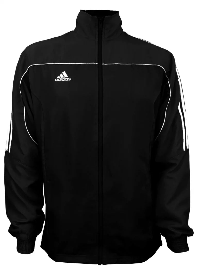 Black jacket with white stripes, adidas design, 100% polyester tracksuit.